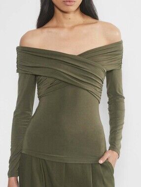 Aritzia Wilfred Olive Green Draped Criss-cross Off-Shoulder Long Sleeve Top